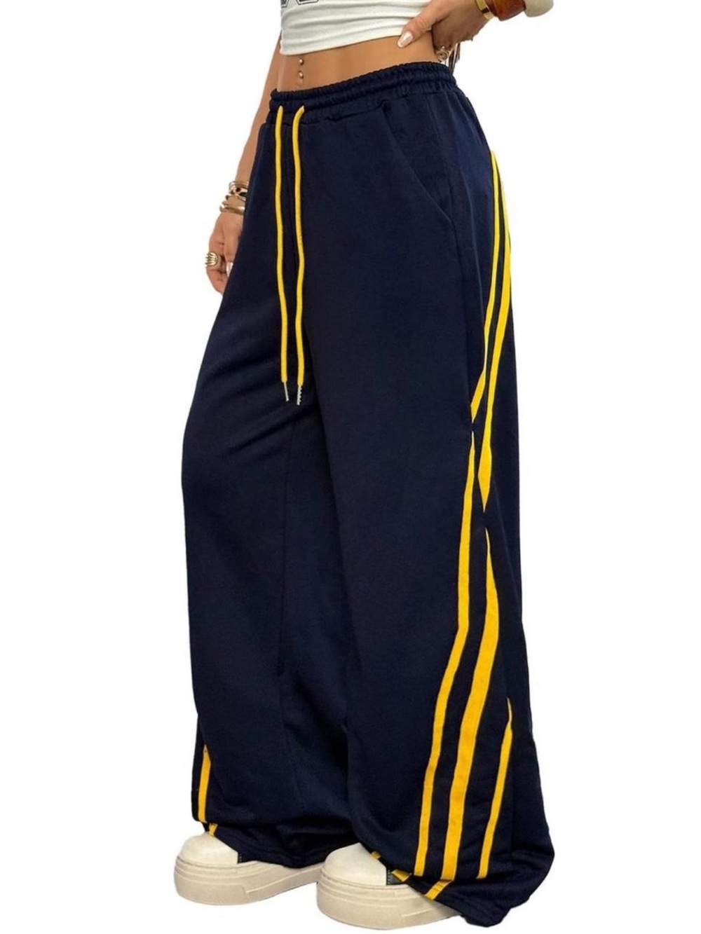 Wide Leg Track Pants with Yellow Stripe